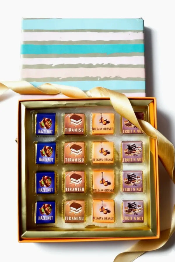 Premium assorted chocolate gift box with Hazelnut, Tiramisu, Belgian Orange & Fruit n Nut – perfect gift for birthdays, weddings, Diwali & all occasions