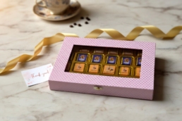 Pink Assorted Chocolates Box 22 Chocolics pink assorted chocolate gift box with ribbon and thank-you card